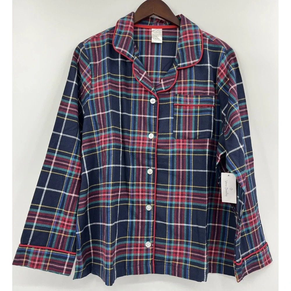 NWT Vera Bradley Plaid Red Trim Flannel Pajama Top Lounge Size XL